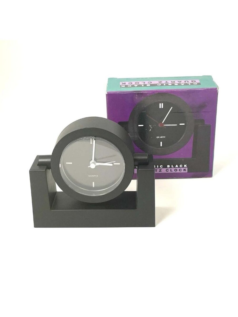 VTG 80s Modern Classic Black Desk Clock Quartz Swivels Minimalist 5.25”x4” NEW